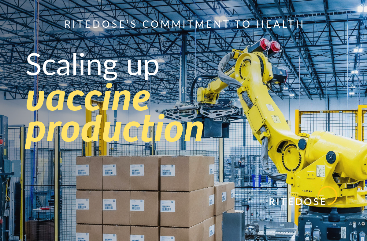 robotic arm stacking boxes on manufacturing floor with text overlay: Ritedose commitment to health scaling up vaccine production