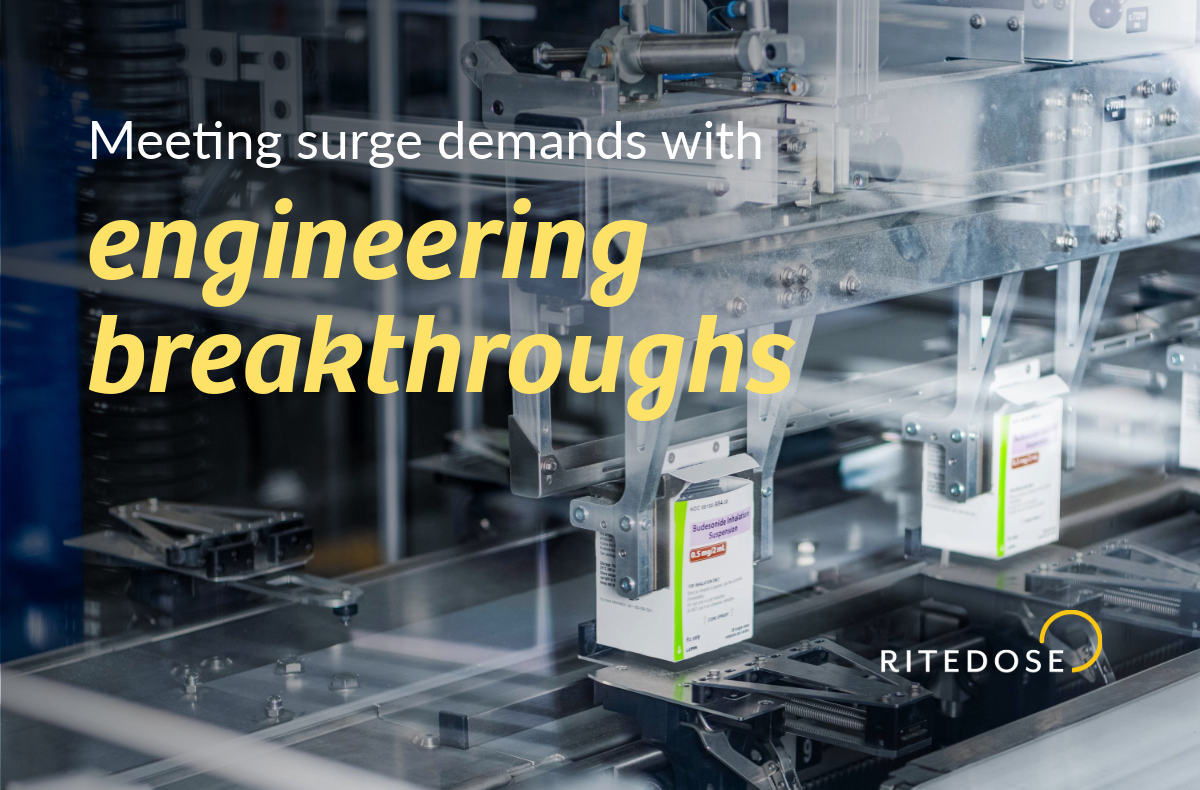 pharmaceutical production line with several products being processed by machinery with text overlay: meeting surge demands With engineering breakthroughs
