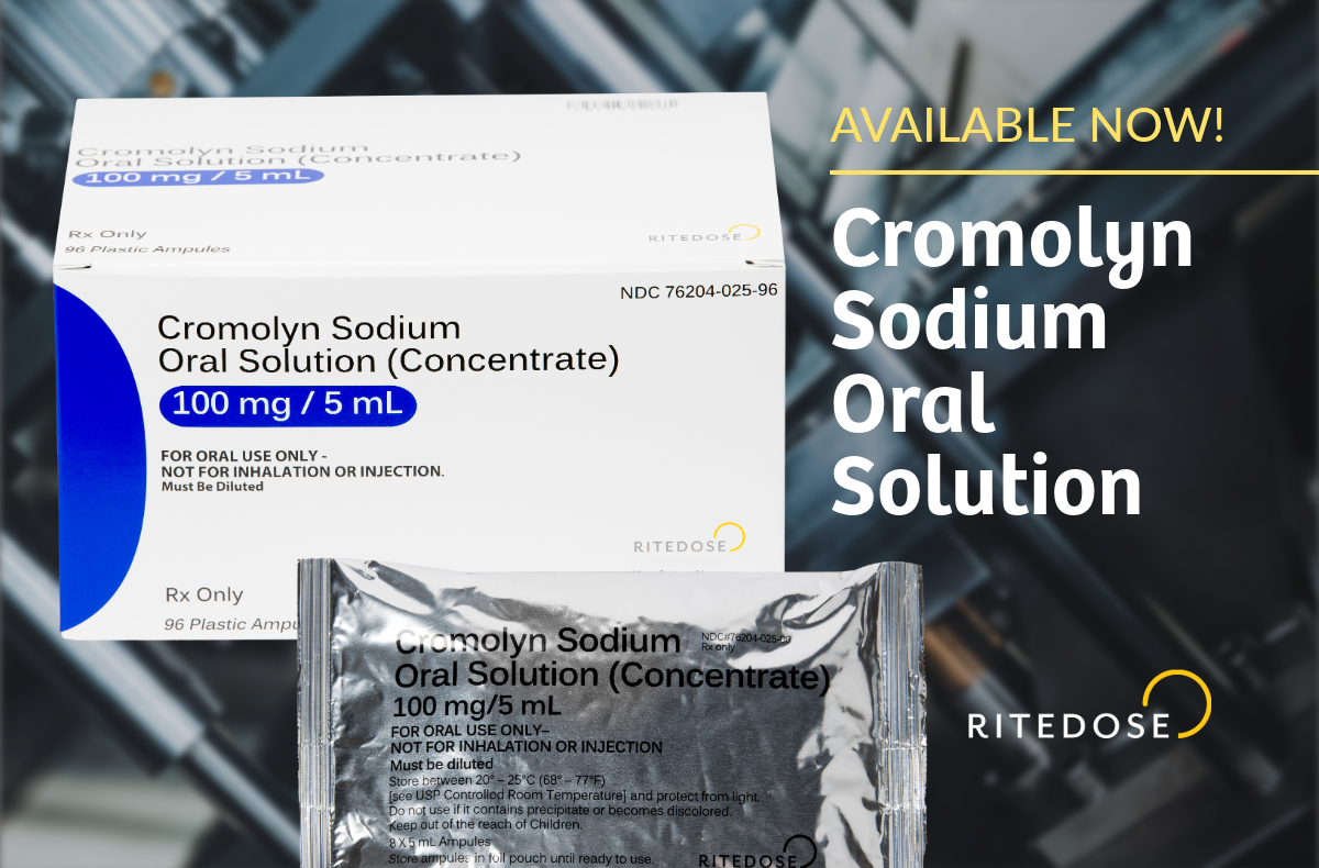 box with blue label of cromolyn sodium oral solution with text overly: available now