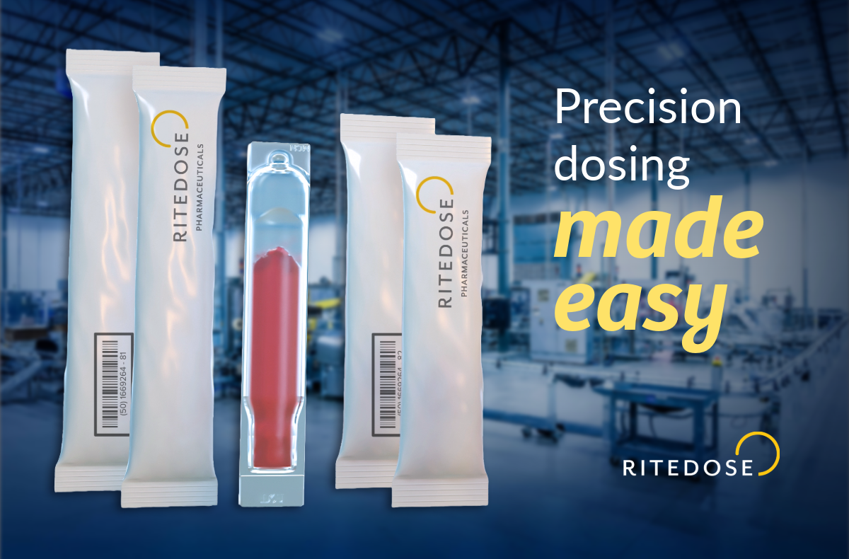 an array of liquid tubes and packaging featuring Ritedose's SuredoseRx shown in front of a factory with text overlay: precision dosing made easy
