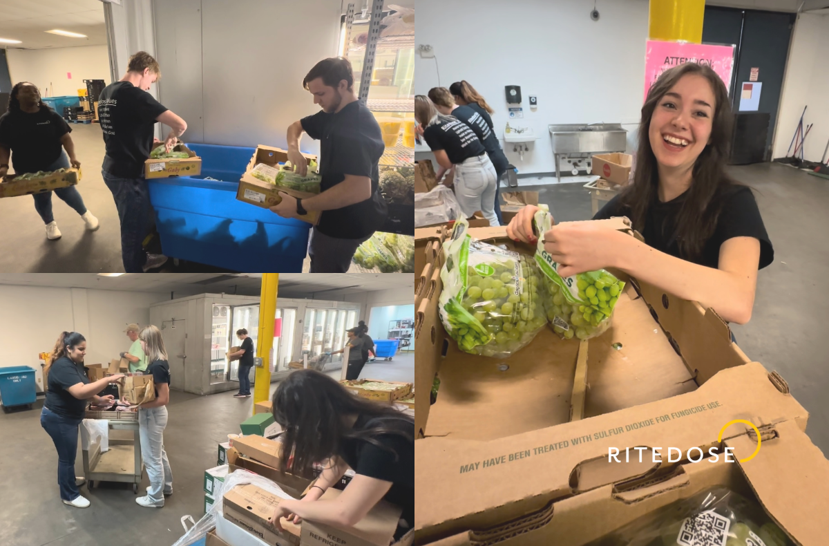 smiling volunteers performing verious chores at a food bank