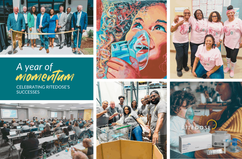 Ritedose 2025 Year-In-Review collage showcasing pharmaceutical manufacturing growth, community impact, respiratory medications, and Blow-Fill-Seal leadership.