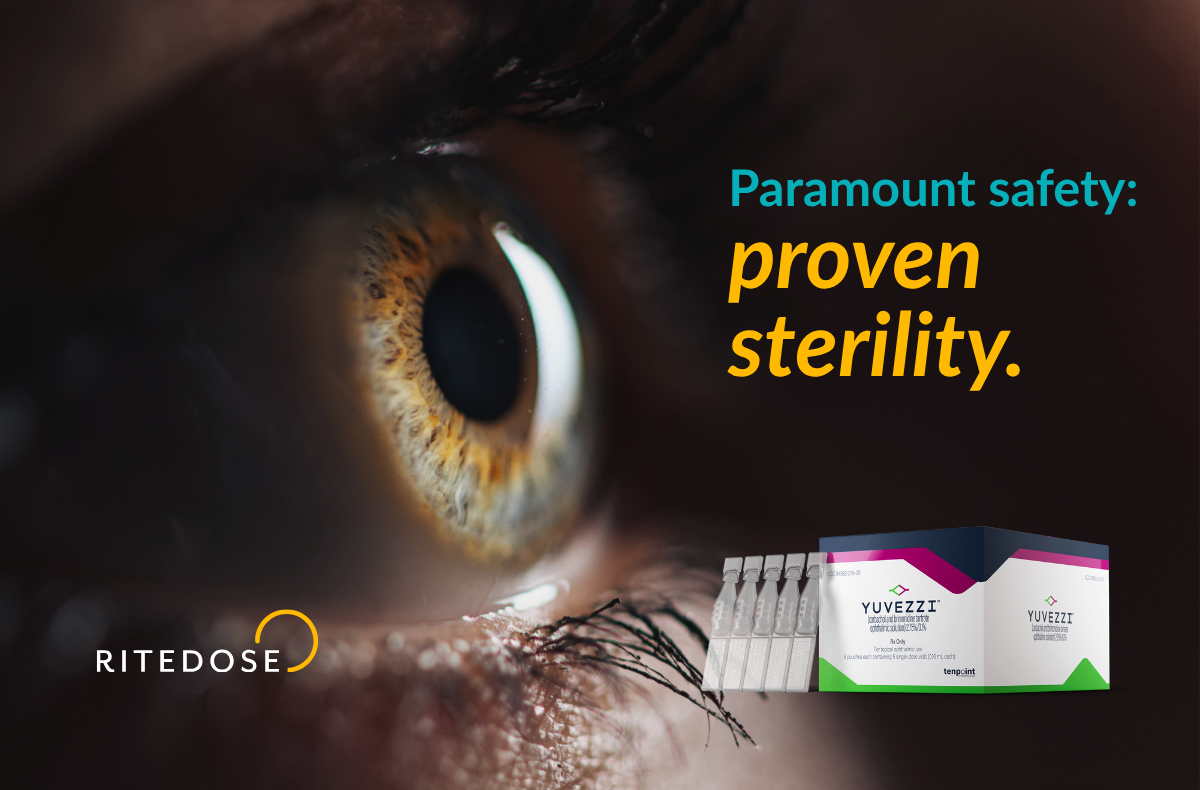 Close-up of human eye with text overlay that reads, "Paramount safety: proven sterility."