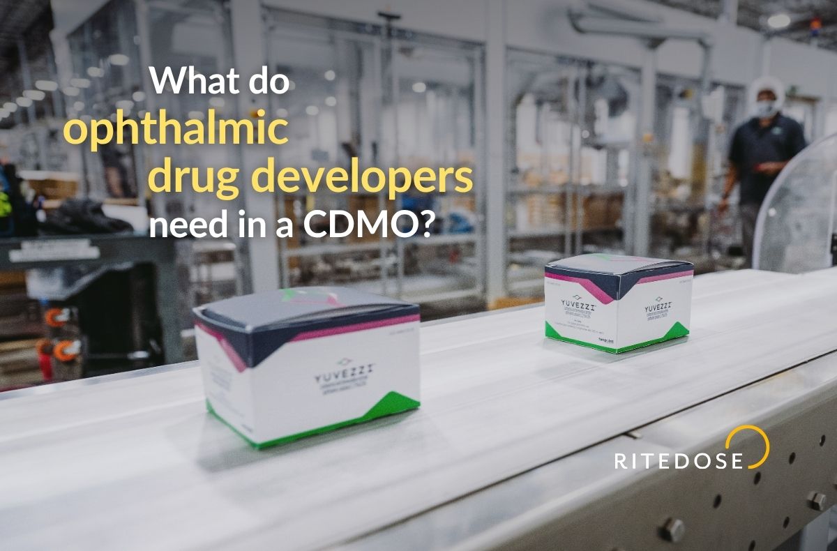 Two cartons of YUVEZZI ophthalmic product moving along a conveyor belt in a pharmaceutical manufacturing facility, with a masked worker in the background. Overlay text reads "What do ophthalmic drug developers need in a CDMO?" with the Ritedose logo.
