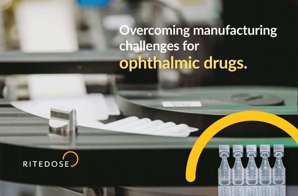 Strips of single-use plastic unit-dose vials moving through a rotating machine on a pharmaceutical production line, with a cutout of a five-vial Blow-Fill-Seal strip in the corner. Overlay text reads “Overcoming manufacturing challenges for ophthalmic drugs” with the Ritedose logo.