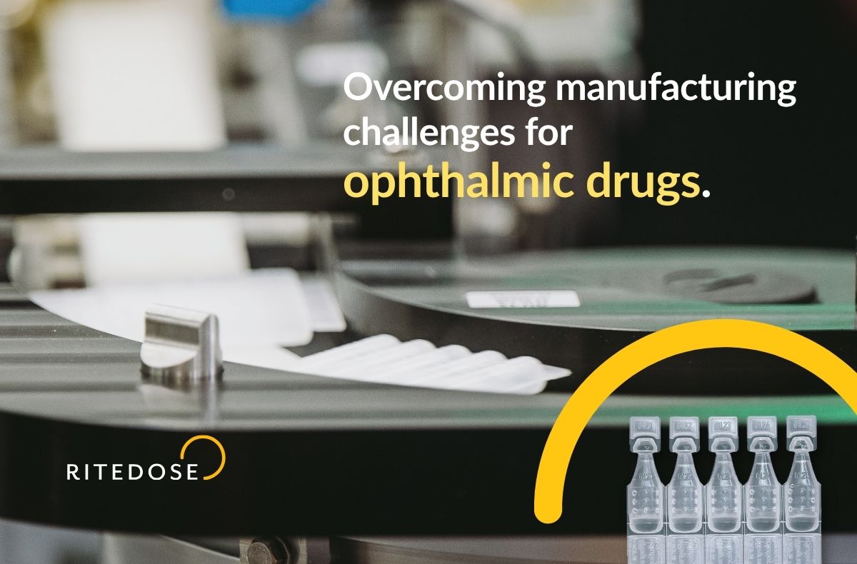 Strips of single-use plastic unit-dose vials moving through a rotating machine on a pharmaceutical production line, with a cutout of a five-vial Blow-Fill-Seal strip in the corner. Overlay text reads “Overcoming manufacturing challenges for ophthalmic drugs” with the Ritedose logo.